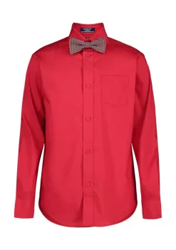Best Pirce ⭐ IZOD Boys 8-20 Long Sleeve Stretch Solid Poplin 👕 Shirt with Bowtie 🎉 -Swimsuit Shop Belk 510