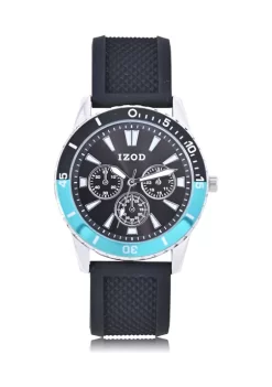 Promo 😉 IZOD Black Textured Silicone Strap ⌚ Watch with Aqua Accent Bezel ✨